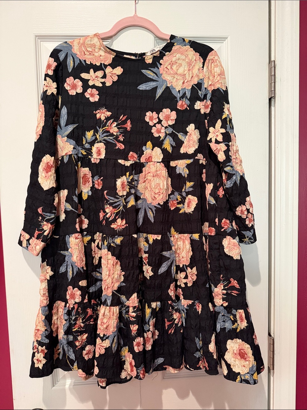 Zara Black Floral Dress with Peach and Blush Roses